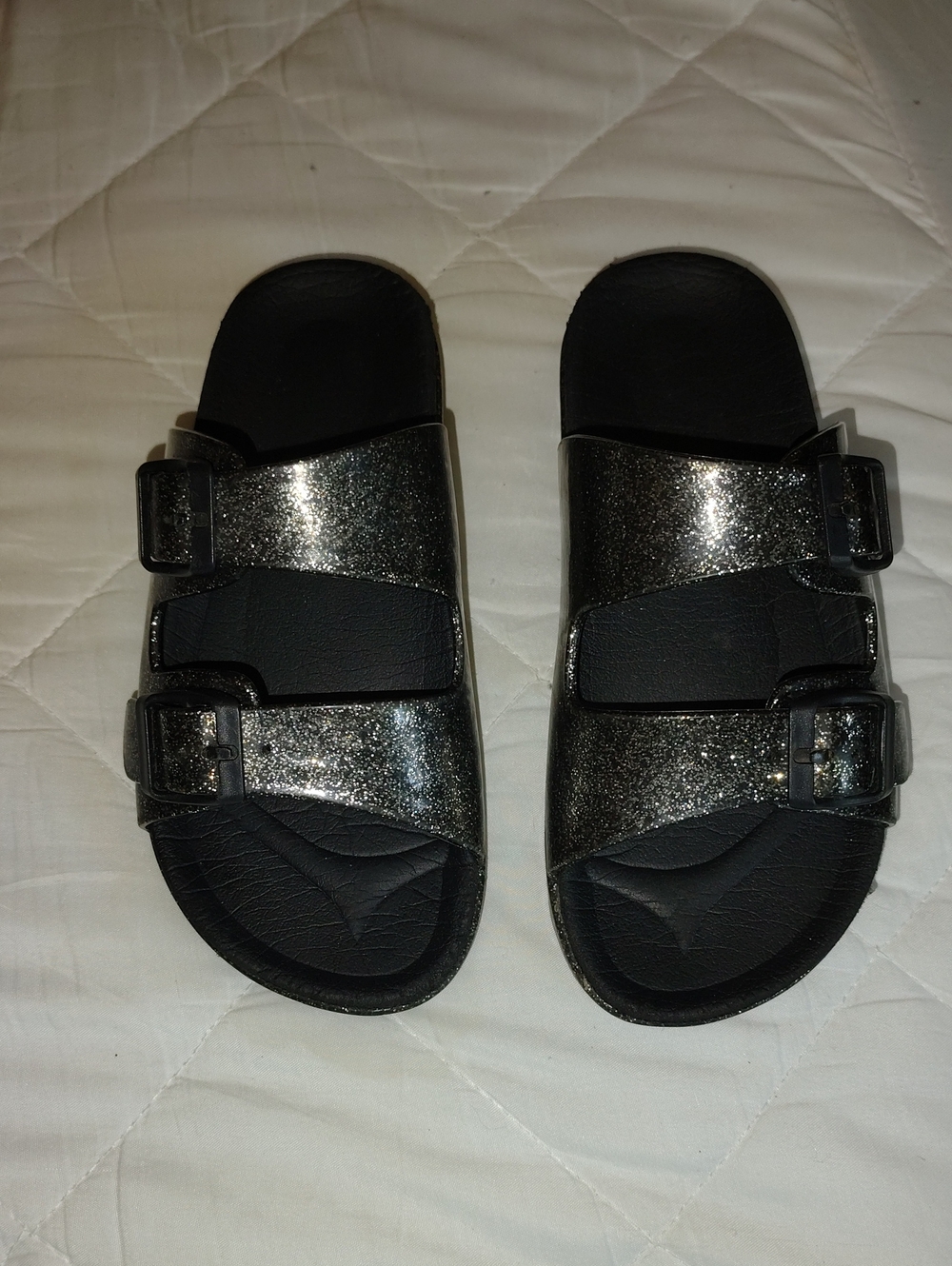 Kids Glitter Double-Buckle Slide Sandals - Black
